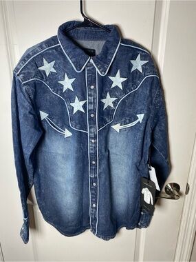 Men's Dark Blue Denim Western Shirt with Star Embroidery